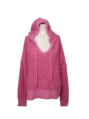 POL Popcorn Knit Hoodie Sweater L Pink Hi Lo Hem Oversized Cozy Beach Stretch
